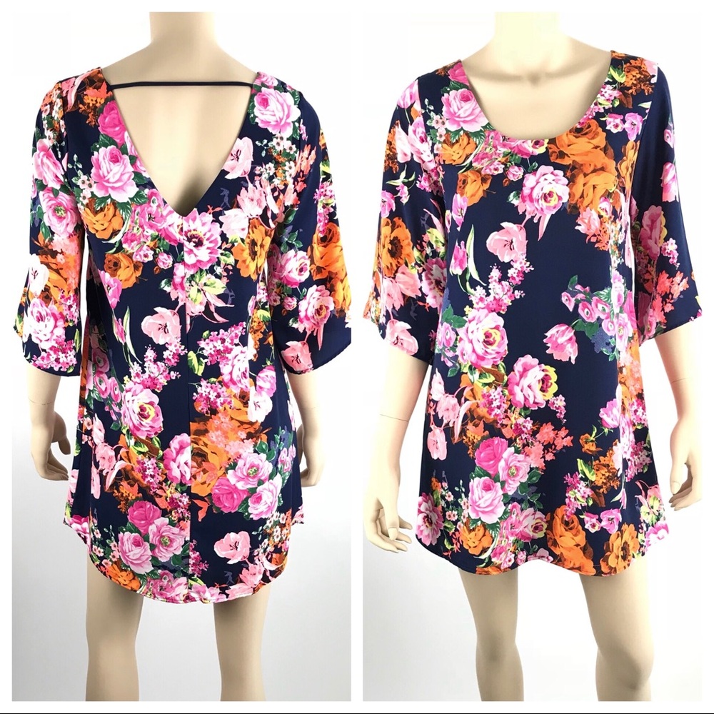 Floral Angel Sleeve Scoop Neck V-Back Shift Dress - Picture 2 of 8